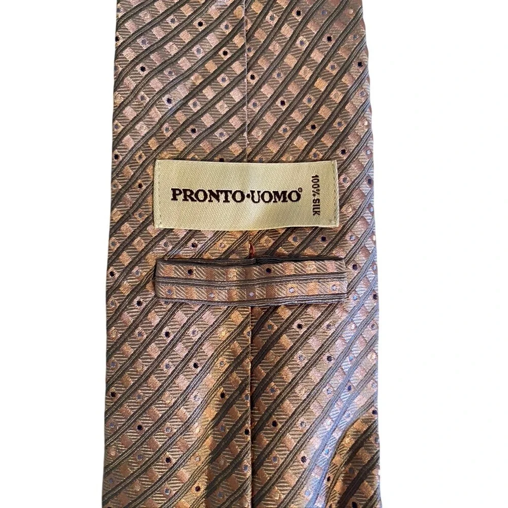 Pronto Uomo Mens Silk Tie Copper Bronze Striped Dotted X-Long Necktie